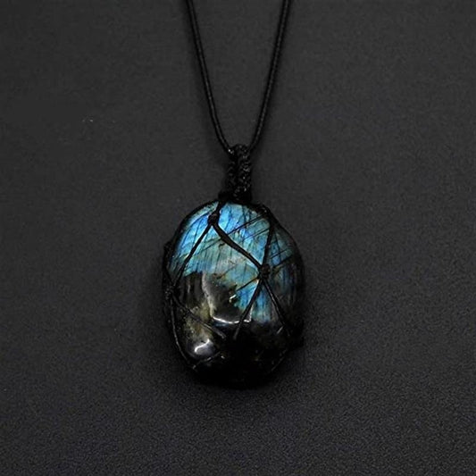 Natural Labradorite Pendant Moonstone Hand-woven Mesh Bag Necklace
