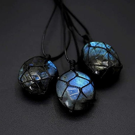 Natural Labradorite Pendant Moonstone Hand-woven Mesh Bag Necklace